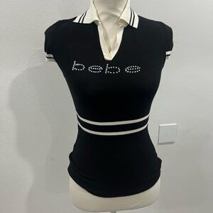 Bebe Black and White Striped Polo Top